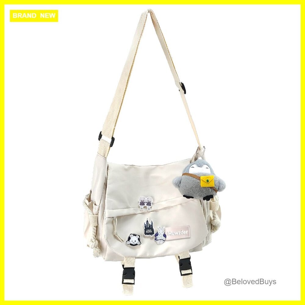 Nylon Messenger Crossbody Bag with Adjustable Strap and Pins